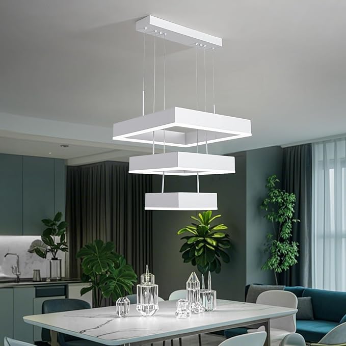 O'NEELDY 58W Square Chandelier Modern Pendnat Light with White Ring LED Chandeliers Adjustable Hanging Lamp Fixtures for Dining Room Kitchen Island Bedroom Cafe