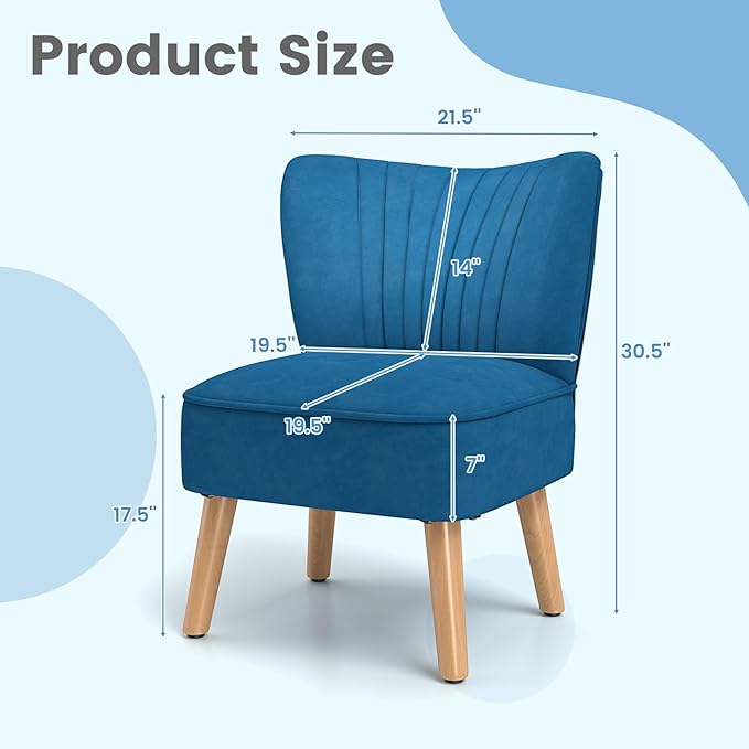 KOMFOTT Velvet Accent Chair, Modern Armless Sofa Chair with Solid Rubber Wood Legs, Wingback Leisure Chair with Thick Cushion, Upholstered Side Chair for Living Room, Bedroom, Blue