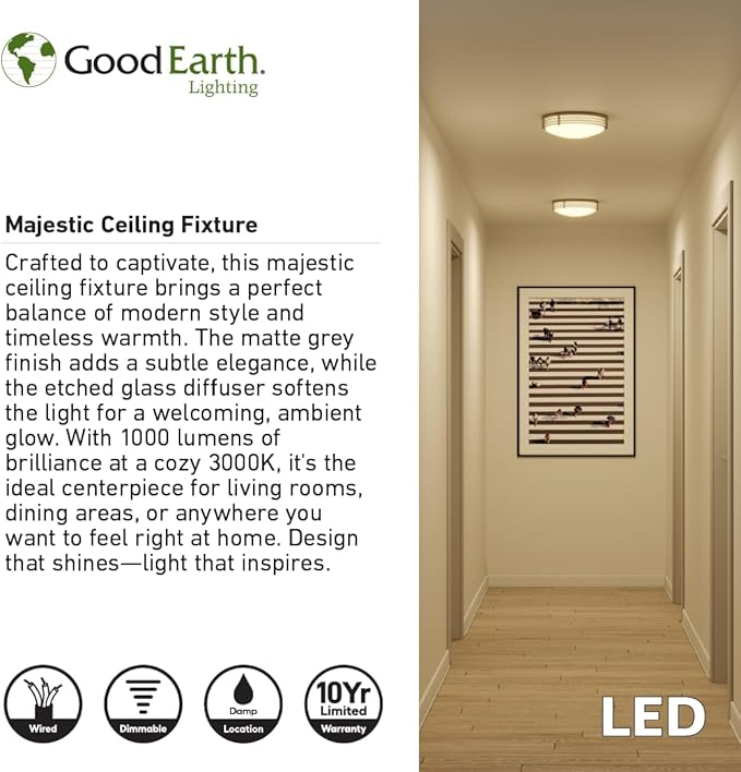 Good Earth Lighting Majestic Ceiling Fixture, 11-in, 1100 Lumens, Dimmable, Matte Grey