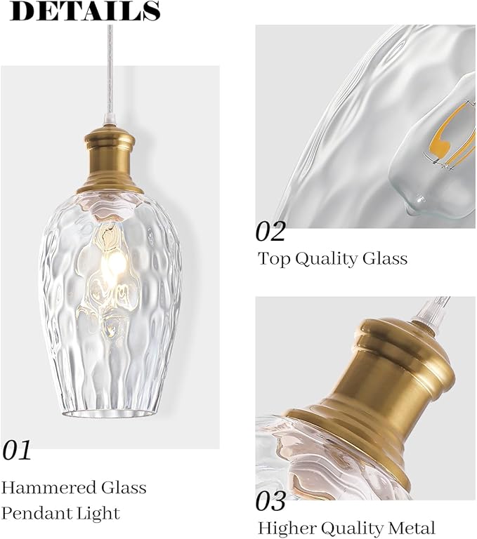 Gold Pendant Lights Kitchen Island, 6.3”Clear Hammered Glass Pendant Lights, Blown Glass Farmhouse Pendant Light 1-Pack, Kitchen Hanging Light for Kitchen Island, Living Room, Cafe