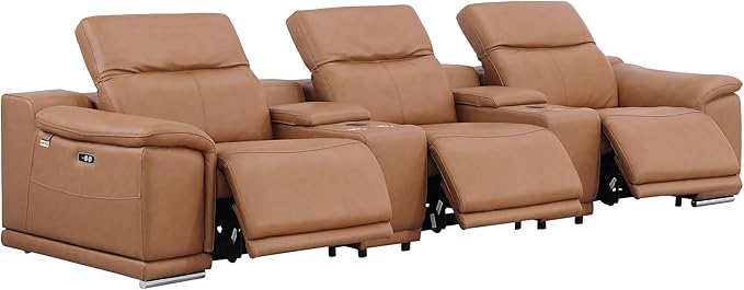 Blackjack Furniture Venice Top Grain Italian Leather Power Recline 8 Piece 5 Seater Sofa - 134" Theater Seating Modern Couch for Living Room Apartment with Adjustable Headrests & USB Port, Cognac