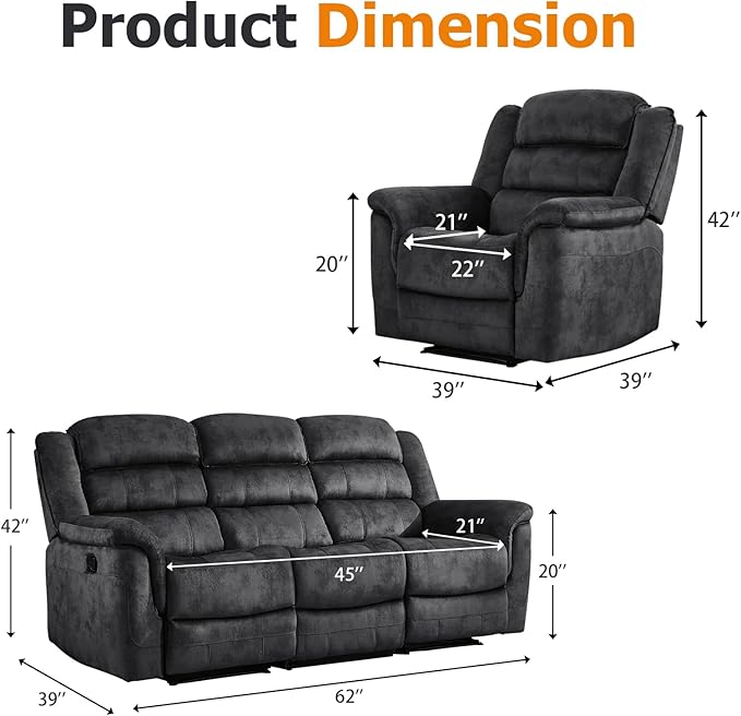 EBELLO 2 Pieces Reclining Couch Furniture Set, Soft Fabric Manual Recliner Sofa Home Theater Seating, Included Recliner Chair and 3 Seat Sofa, Grey