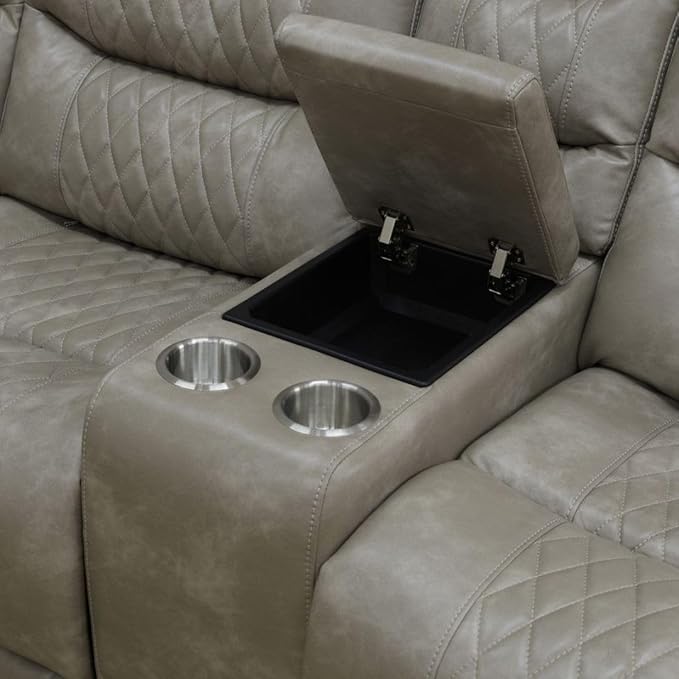 Breathing Leather Recliner Sectional Sofa with LED, Power Reclining Sectional Couch for Living Room, L Shaped Recliner Couch 6 Seat with USB Port&Cup Holders (Grey)