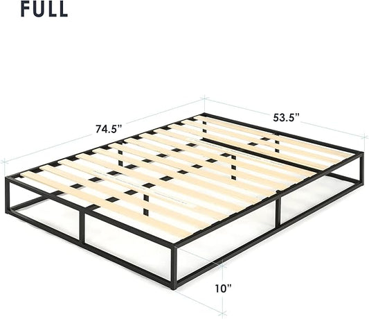 Mellow Modernista Low Profile 10 Inch Metal Platform Bed Frame with Classic Wooden Slat Support Mattress Foundation (No Box Spring Needed), Full, Black