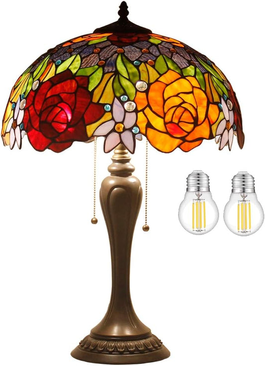 WERFACTORY Tiffany Table Lamp Stained Glass Bedside Lamp Red Rose 16X16X24 Inches Desk Reading Light Resin Base Decor Bedroom Living Room Home Office S001 Series