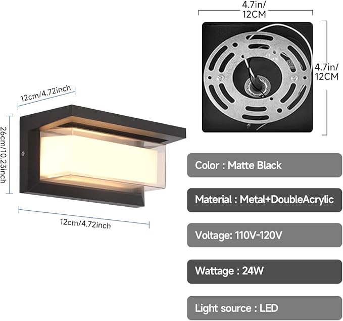 Outdoor Modern Wall Sconce Lights,15%-100% Dimmable Indoor Wall Light Fixtures,3000K/4000K/6500K Adjustable,24W Exterior Wall Lighting,Waterproof Outdoor Porch Light,2160LM Indoor Wall Sconce 1 Pack
