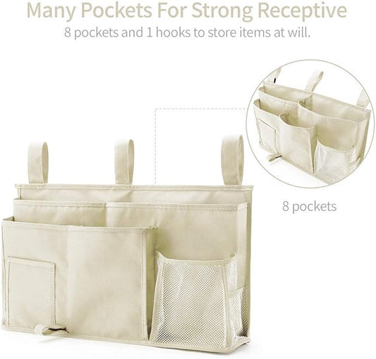 Bseash Bunk Bed Organizer, Bedside Caddy Hanging Bed Organizer Storage Bag 8 Pockets, for College Dorm Rooms Bed, Hospital Bed, Baby Bed Rails, 600D Oxford Cloth (Beige)
