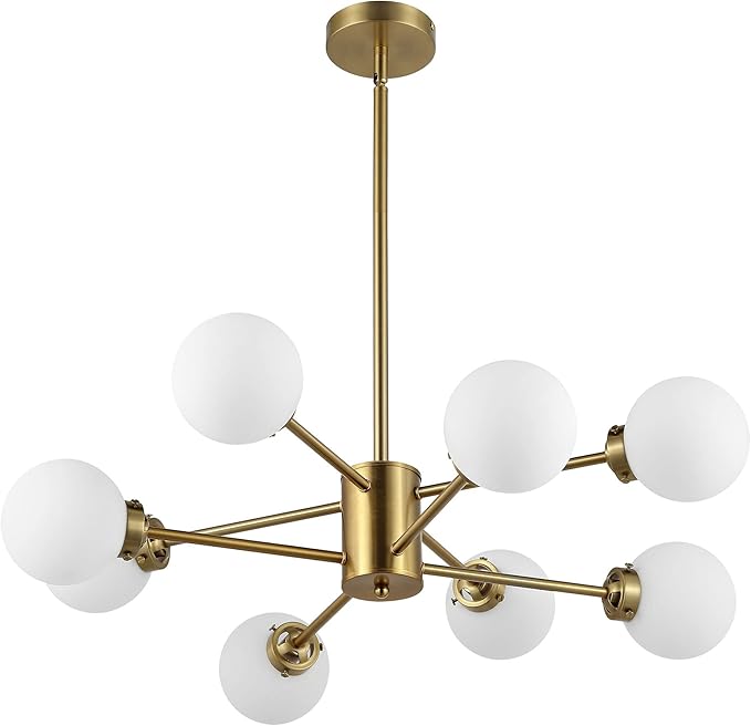 WINGBO 8-Light Sputnik Chandelier, Modern Pendant Light Fixture with 4.7" Opal White Glass Globe Shade for Flat and Slop Ceiling, Height Adjustable for Kitchen Living Room Dining Room Bedroom, Gold