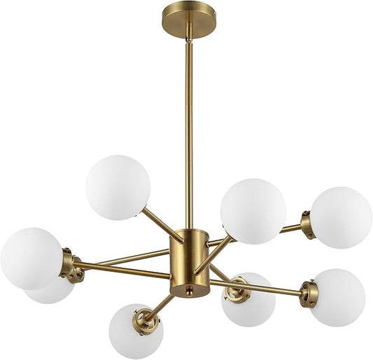 WINGBO 8-Light Sputnik Chandelier, Modern Pendant Light Fixture with 4.7" Opal White Glass Globe Shade for Flat and Slop Ceiling, Height Adjustable for Kitchen Living Room Dining Room Bedroom, Gold