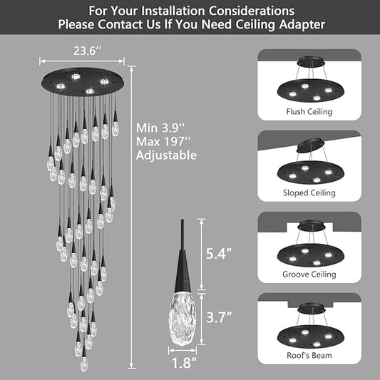 36-Lights 197 Inches Large Modern Chandelier LED Light Fixtures High Ceiling Long Light Chandelier for Entrance Foyer Dimmable Lights with Remote Living Room Ceiling Pendant Lighting Black