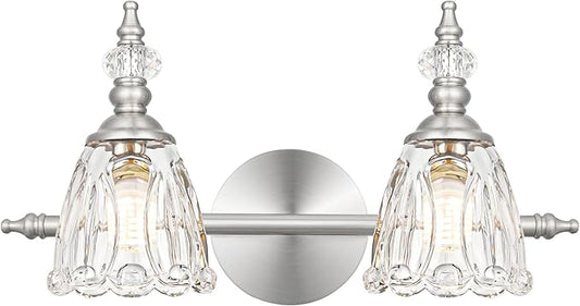 Vintage Vanity Light Fixtures for Bathroom, 2 Light Brushed Nickel Vanity Lighting Over Mirror, Bathroom Light Fixtures with Flower Clear Glass, Farmhouse Sconces Wall Lighting for Hallway