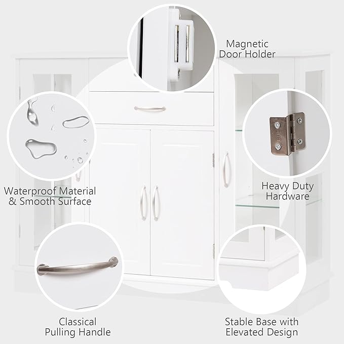 DORTALA Buffet Sideboard, Kitchen Server Cabinet w/ 2 Drawers, Glass Display Cabinet w/Adjustable Glass Shelves, Multifunctional Sideboard Console Table for Kitchen, Living Room, Dining Room, White