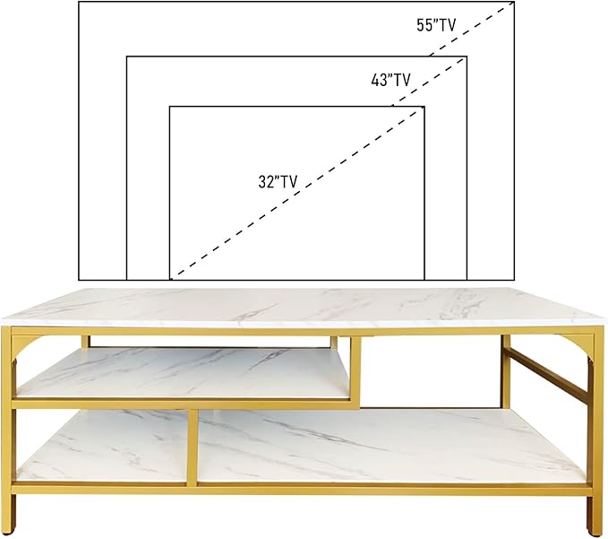 AT-VALY 3-Tier Stand for TV Media Console Table with Open Shelving Storage for Living Room Bedroom (Gold Frame with White Faux Marble top PB Board)