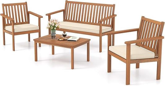 Tangkula 4 Piece Patio Wood Furniture Set, Acacia Wood Sofa Set w/Loveseat, 2 Chairs & Coffee Table, Soft Seat Cushions, Outdoor Wood Furniture Set for Porch, Yard, Balcony (Off White), OneSize