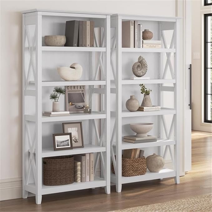 Bush Home Key West 5 Shelf Bookcase - Set of 2 | Tall Bookshelves in Pure White Oak | Sturdy Display Shelves for Library, Living Room, and Home Office