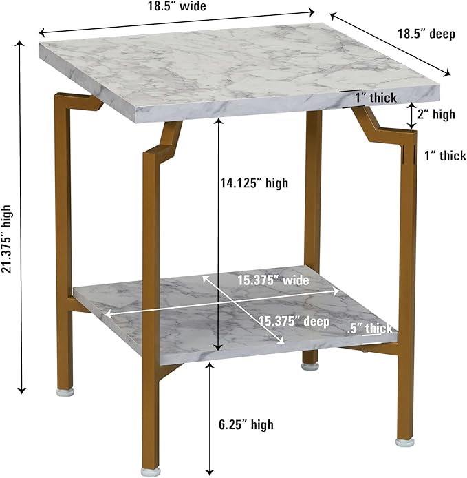 Household Essentials Crown Square Side End Table with Storage Shelf White Marble and Gold Metal