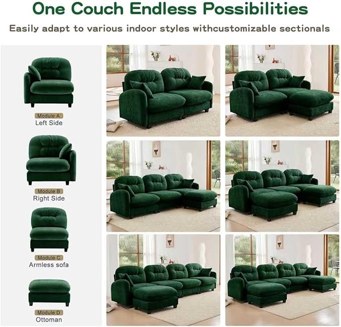 KEIKI 140" L-Shaped Oversized Chenille Modular Sectional Sofa with 1 Ottoman, High-Density Foam Cushions, Tufted Pleated Cushion Backrest, Modern 4-Seater Couch with 2 Pillow, for Living Room, Green