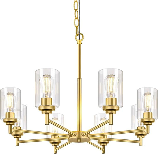 Sucolite 33.5'' 8-Light Chandelier for Dining Room Kitchen Island, Modern Farmhouse Pendant Lighting with Glass Shades Industrial Gold Hanging Ceiling Light Fixture for Living Room, Height Adjustable