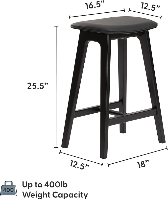 Plank+Beam Beryl Counter Height Stool - Mid-Century Modern Rubberwood Bar Stool with Faux Leather Seat, Metal Footrest, Easy Assembly, 4-Pack, Black/Black