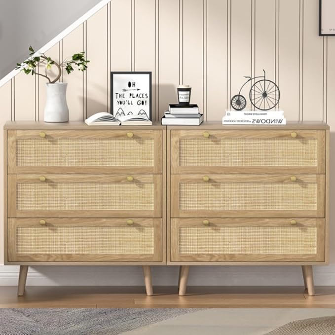 Anmytek 2pcs 3 Drawer Rattan Dresser, Modern Wooden Chest with Golden Handles, Storage Organizers for Bedroom, Living Room, Hallway