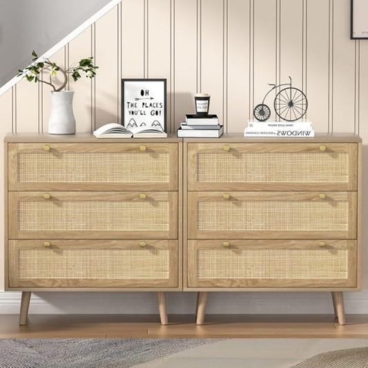Anmytek 2pcs 3 Drawer Rattan Dresser, Modern Wooden Chest with Golden Handles, Storage Organizers for Bedroom, Living Room, Hallway