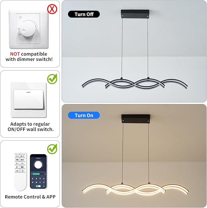 Modern LED Pendant Lights, Dimmable 39in Linear Wave LED Chandelier Lighting, Black Dining Room Hanging Light Fixtures Kitchen Island Linear Pendant Light for Dining Table (4200lm,Upgraded)