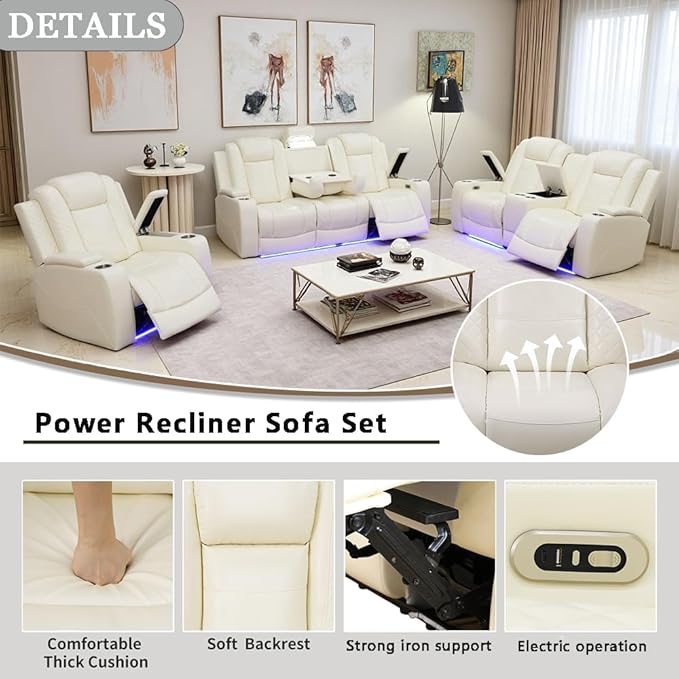 A Ainehome Power Leather Recliner Sofa Set with LED Lights, Recliner Sofa Sectional Couches for Living Room, Reclining Sofa and loveseat with USB Port/Storage Console(Creamy White,3-Piece Set)