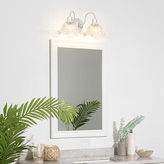 Vintage Vanity Light 2-Light, Brushed Nickel Bathroom Light Fixture with Glass Shades, Wall Sconce for Bathroom Mirror Lighting, Crystal Wall Sconce Decor for Powder Rooms, Dressing Areas