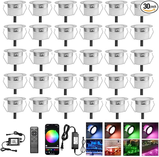 Smart WiFi LED Deck Lights 30 Pack, APP Control RGB Outdoor Lighting for Patio Deck Steps Landscape, Φ1.22" Low Voltage 12V Recessed Deck Lights Waterproof IP67, Work with Alexa Google Home, Timer