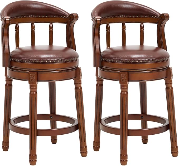 Cow top Leather Wooden Bar Stools, 29.5" Height Bar Chair with Back, 180 Degrees Swivel Bar Stools Chair for Home Kitchen Counter,Restaurant (Brown-2pcs, Counter Seat Height 26in)