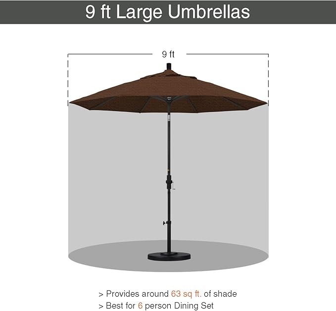 California Umbrella 9' Round Aluminum Pole Fiberglass Rib Market Umbrella, Crank Lift, Collar Tilt, White Pole, Teak Olefin