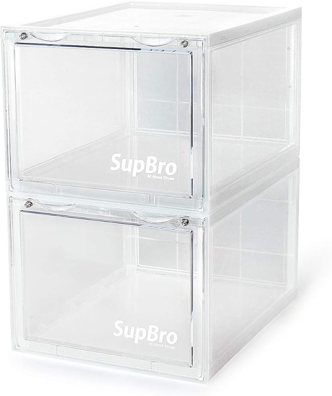 SupBro Collection Crate - Easy Access Storage Shoes Box -Plastic Foldable Stackable Sneaker Display Storage with Clear Front Door Organizer-2 Pack (Transparent)