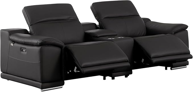 BlackJack Furniture Venice Top Grain Italian Leather Power Recline 8 Piece 5 Seater Sofa - 134" Theater Seating Modern Couch for Living Room Apartment with Adjustable Headrests & USB Port, Black