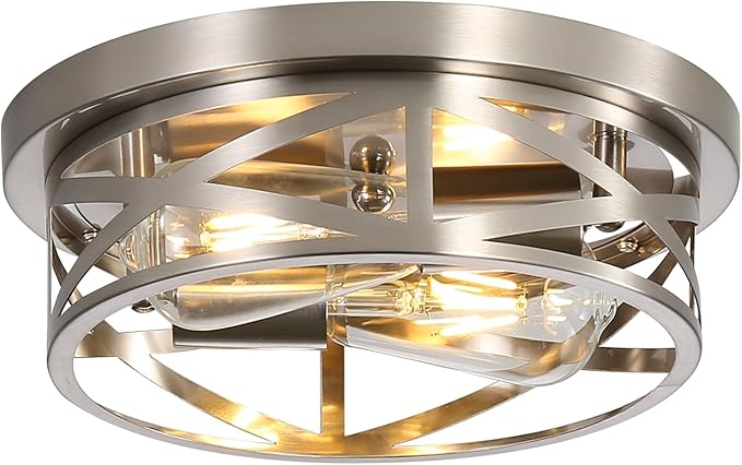 Flush Mount Ceiling Light Fixtures, Indoor Cage Brushed Nickle Close to Ceiling Light, 11 in Metal Modern Rustic Industrial House Lights for Hallway Kitchen Bedroom Entryway Office