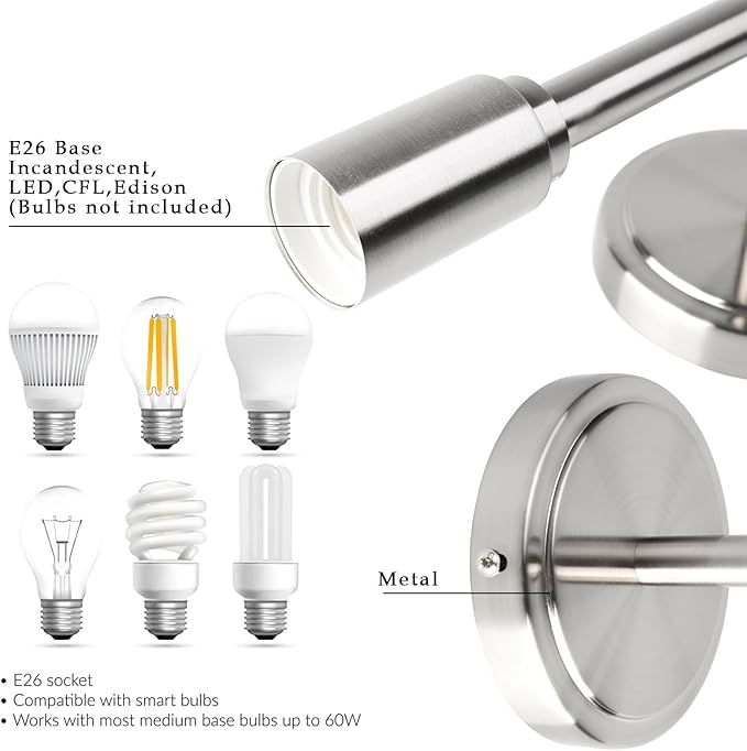 Phansthy Modern Double Sconce Wall Lighting, Bathroom Vanity Light Fixture Horizontal and Vertical, 2-Light Indoor Wall Lamps for Mirror Hallway Kitchen Living Room (Brushed)