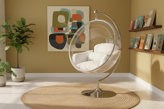 Meridian Furniture 507White Luna Collection Modern | Contemporary Clear Acrylic Accent Swing Chair with Durable Metal Base and Fabric Seat, White, Chrome Finish, 41.5" W x 29.5" D x 64" H