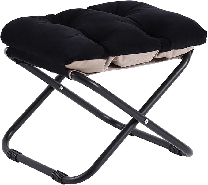 Welnow Folding Foot Stool, Upholstered Small Accent Ottoman with Detachable Thick Cotton Cushion, Padded Sofa Stool with Straight Metal Legs for Lazy Chair, Living Room, Bedroom, Black