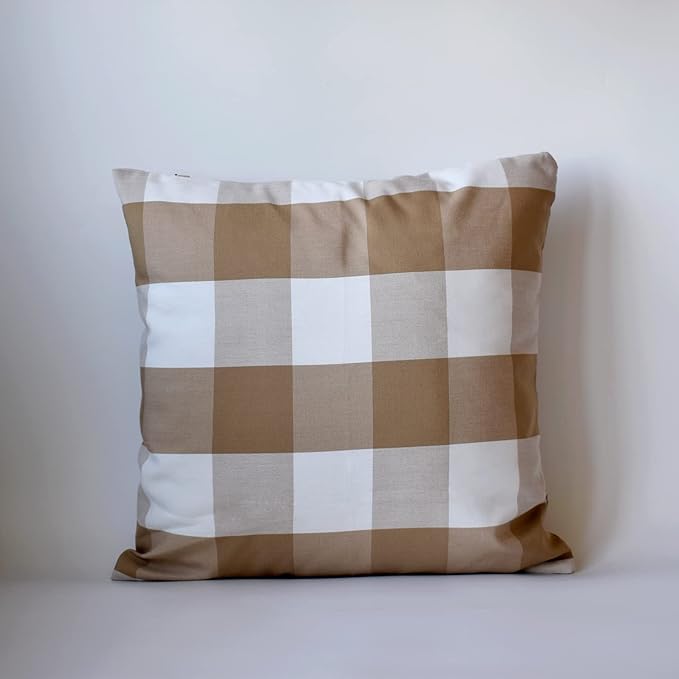 HOPLEE Farmhouse Pillow Cover Cushion Cover with Buffalo Plaid, Solid Beige, Striped and Gingham Plaid Design 16x16 Inches,4 Pack