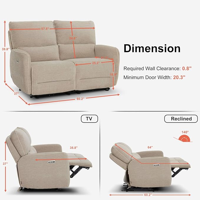 MCombo 60" Wall Hugger Power Loveseat Recliner Sofa with Adjustable Headrest, RV Reclining Loveseat with USB and Type C Charge Ports for Living Room 6924 (Beige, Loveseat)