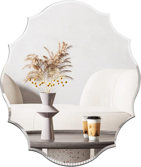 Muzilife 22x28 Frameless Oval Wall Mirror Beveled Scalloped Mirror Silver Wall Mirror with MDF Backplane Over Bathroom Sink for Vanity, Bedroom or Any Other Room in Your Home