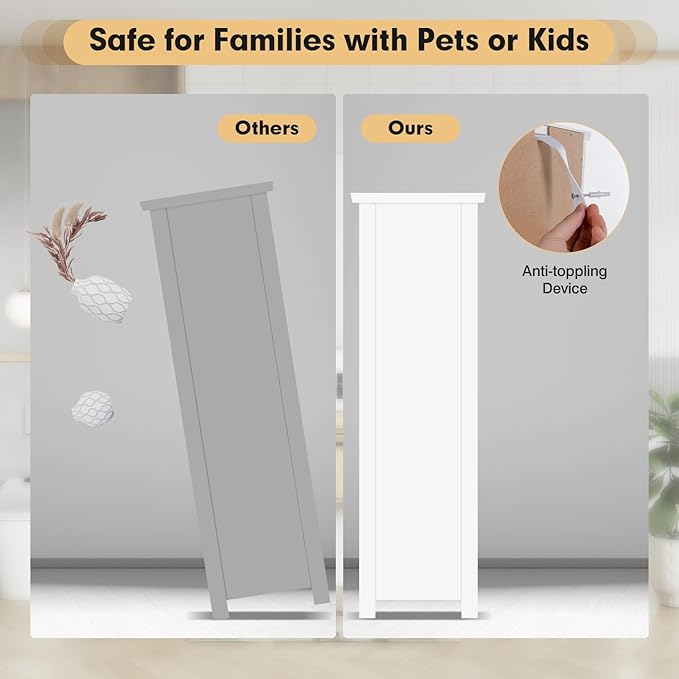 LDAILY LUARANE Wooden Bathroom Floor Storage Cabinet, Side Storage Organizer Cabinet with 1 Door Open Shelf Adjustable Shelves, Small Free Standing Sideboard for Entryway Living Room Kitchen (White)