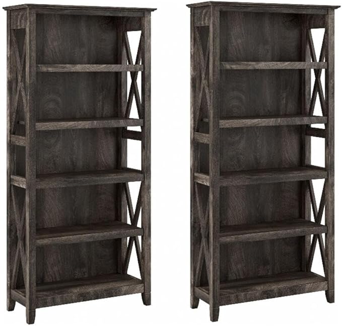 Bush Home Key West 5 Shelf Bookcase - Set of 2 | Tall Bookshelves in Dark Gray Hickory | Sturdy Display Shelves for Library, Living Room, and Home Office