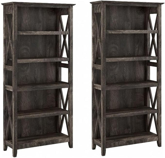 Bush Home Key West 5 Shelf Bookcase - Set of 2 | Tall Bookshelves in Dark Gray Hickory | Sturdy Display Shelves for Library, Living Room, and Home Office