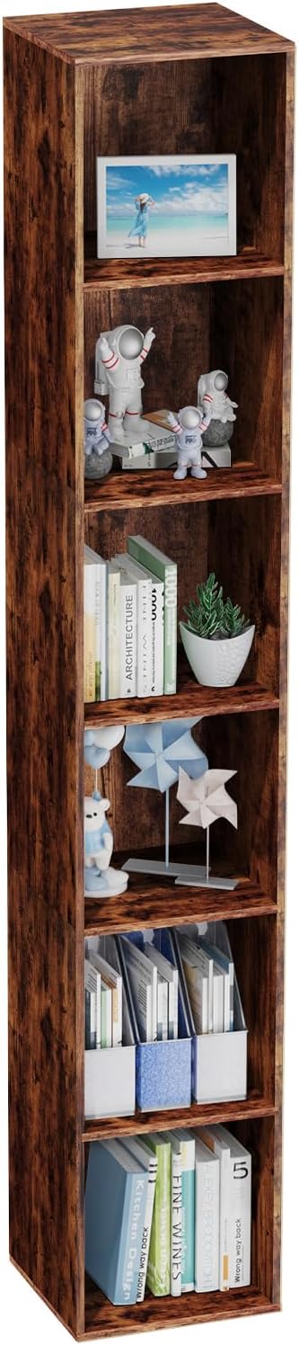 6 Tier Bookshelf, Open Tall Narrow Floor Standing Bookcase, Storage Organizer Bookshelves Freestanding Book Shelf for Living Room, Bedroom, Home Office (Retro Brown, 6 Cube)