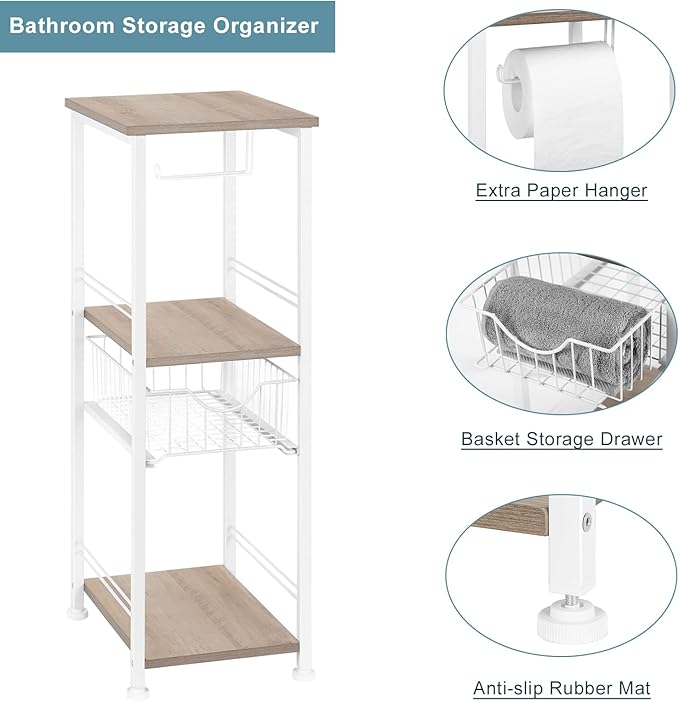OYEAL Freestanding Bathroom Storage Organizer 3 Tier Narrow Bathroom Shelf Stand Toilet Paper Storage Cabinet with Drawer for Small Space Laundry Room Entryway, Light Oak