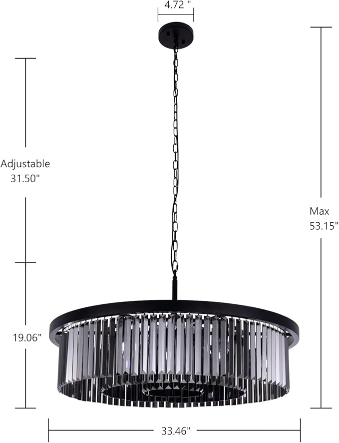 Wellmet Crystal Chandeliers for Dining Room,9 Lights Modern Black Crystal Pendant Light,Farmhouse Chandelier for Bedroom,Ceiling Lighting Fixture for Kitchen Island,Living Room,Hallway,W-33.46”
