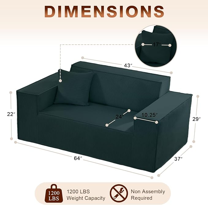 SUYOLS Corduroy Cloud Couch with Pillow, Premium Memory Foam, No Assembly Required, Deep Seat Sofa in Box, Space-Saving Chair for Home, Living Room, Bedroom, Apartment, Office, Loveseat, Dark Green