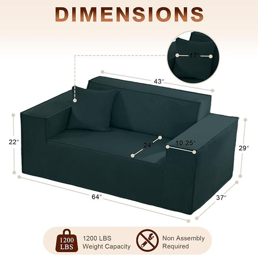SUYOLS Corduroy Cloud Couch with Pillow, Premium Memory Foam, No Assembly Required, Deep Seat Sofa in Box, Space-Saving Chair for Home, Living Room, Bedroom, Apartment, Office, Loveseat, Dark Green