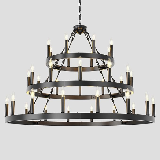 48 Inch Extra Large Black Wagon Wheel Chandelier, 3 Tier 36-Lights Farmhouse Pendant Light Fixture, Horse Wheel Lamp for High Ceiling Living Room, Dining Room, Hall, Porch, Stairs, Entrance, Passage
