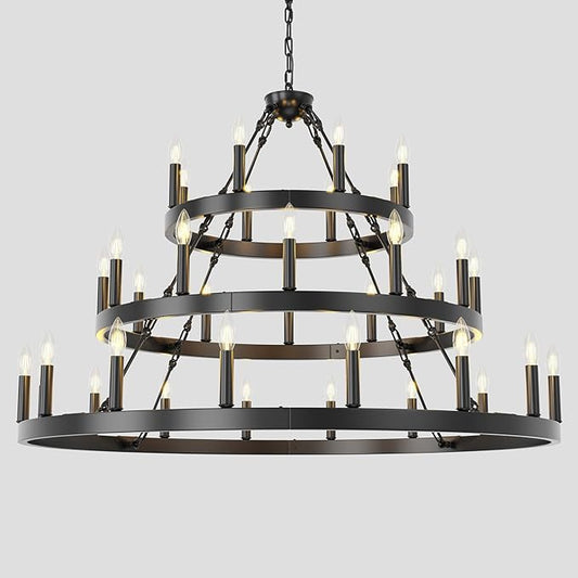 48 Inch Extra Large Black Wagon Wheel Chandelier, 3 Tier 36-Lights Farmhouse Pendant Light Fixture, Horse Wheel Lamp for High Ceiling Living Room, Dining Room, Hall, Porch, Stairs, Entrance, Passage